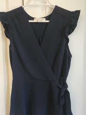 Montclair Navy Wrap Top with Ruffle Cap Sleeves